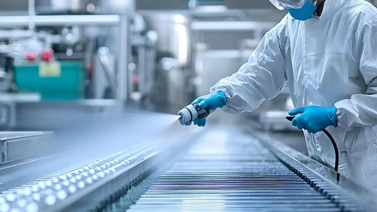 Technician in full white protective suit and blue gloves sanitizing a conveyor belt with a spray nozzle in a clean industrial facility