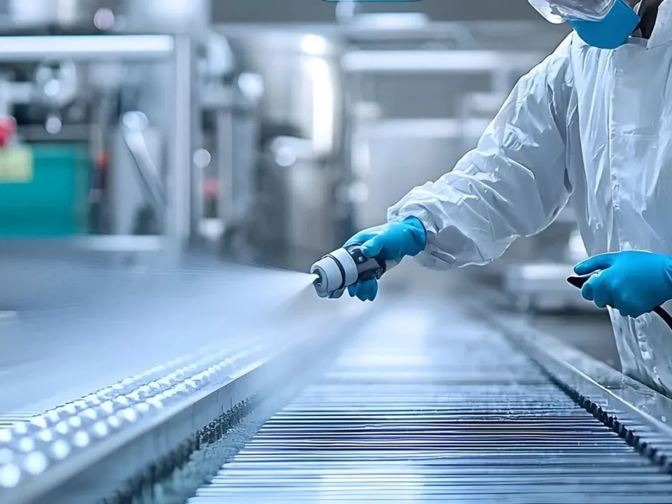 Technician in full white protective suit and blue gloves sanitizing a conveyor belt with a spray nozzle in a clean industrial facility