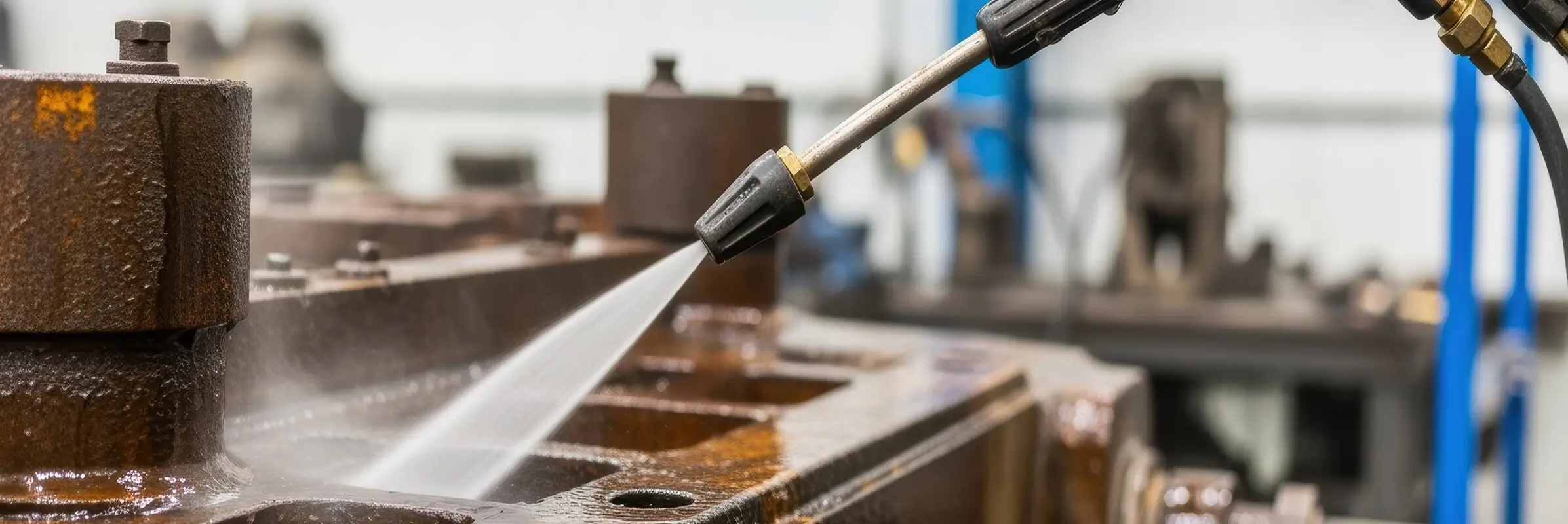 High-pressure water jet nozzle cleaning rust and grime from heavy industrial machinery components in a workshop