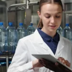 Two quality control technicians reviewing 3-A sanitary standards on a tablet at a bottling facility.