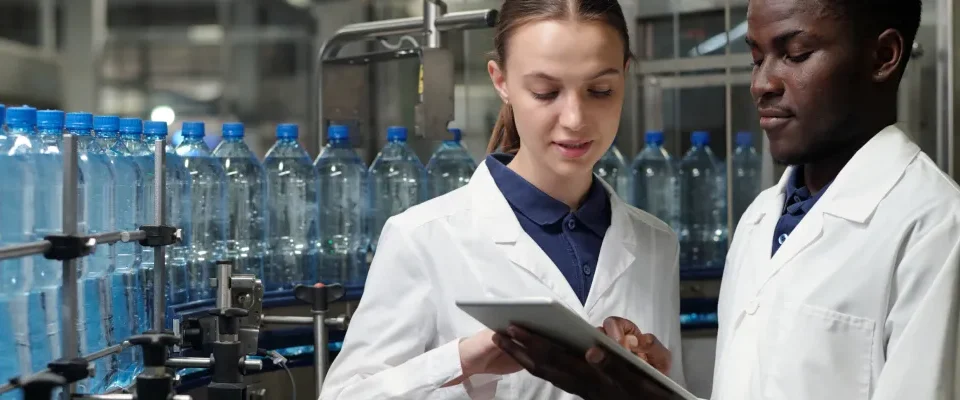 Two quality control technicians reviewing 3-A sanitary standards on a tablet at a bottling facility.