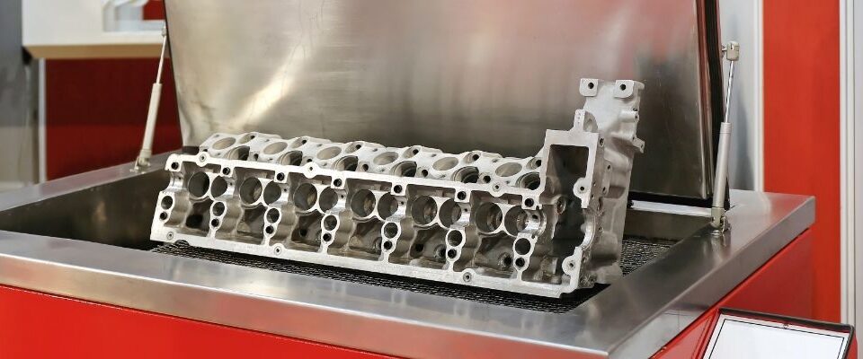 Engine cylinder head being cleaned in a large industrial ultrasonic cleaning tank.