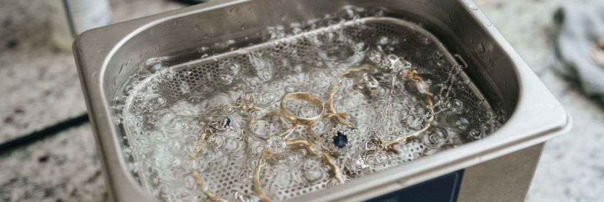 Gold and silver jewelry submerged in an ultrasonic cleaning tank with water bubbles.