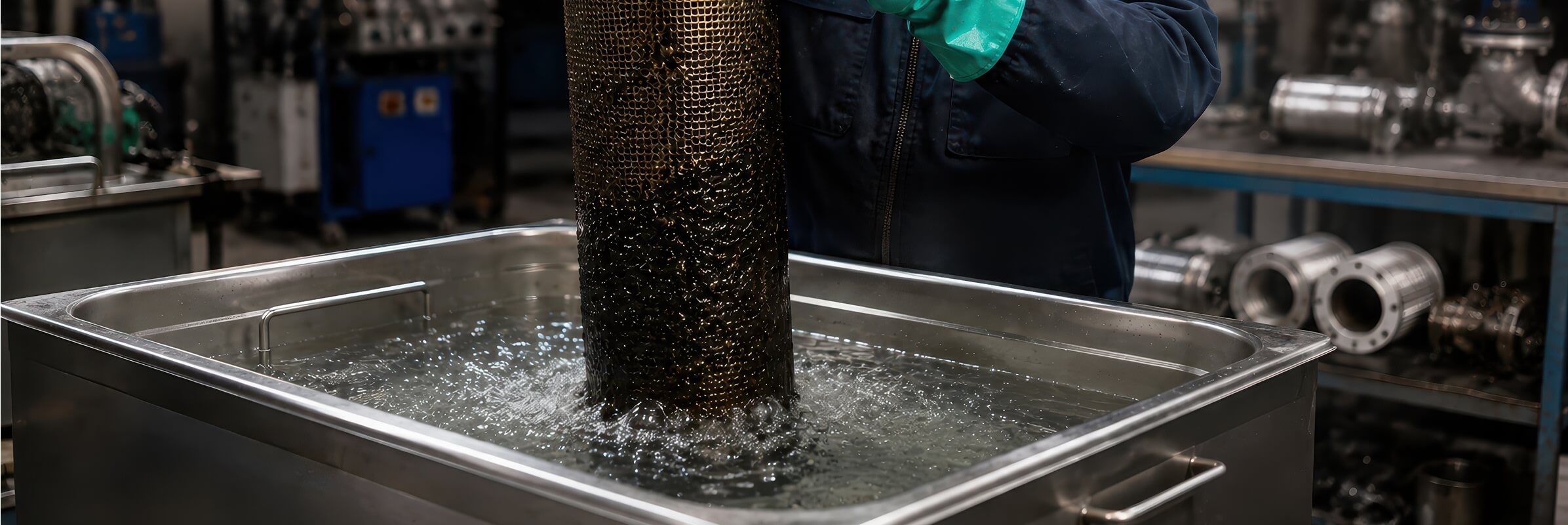 Worker placing a wire basket of parts into an ultrasonic cleaning tank.